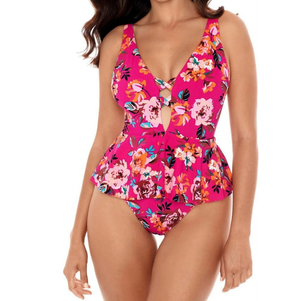 Skinny Dippers Hot House Too Too Plunge Skirt One Piece Swimsuit Pink Floral XL